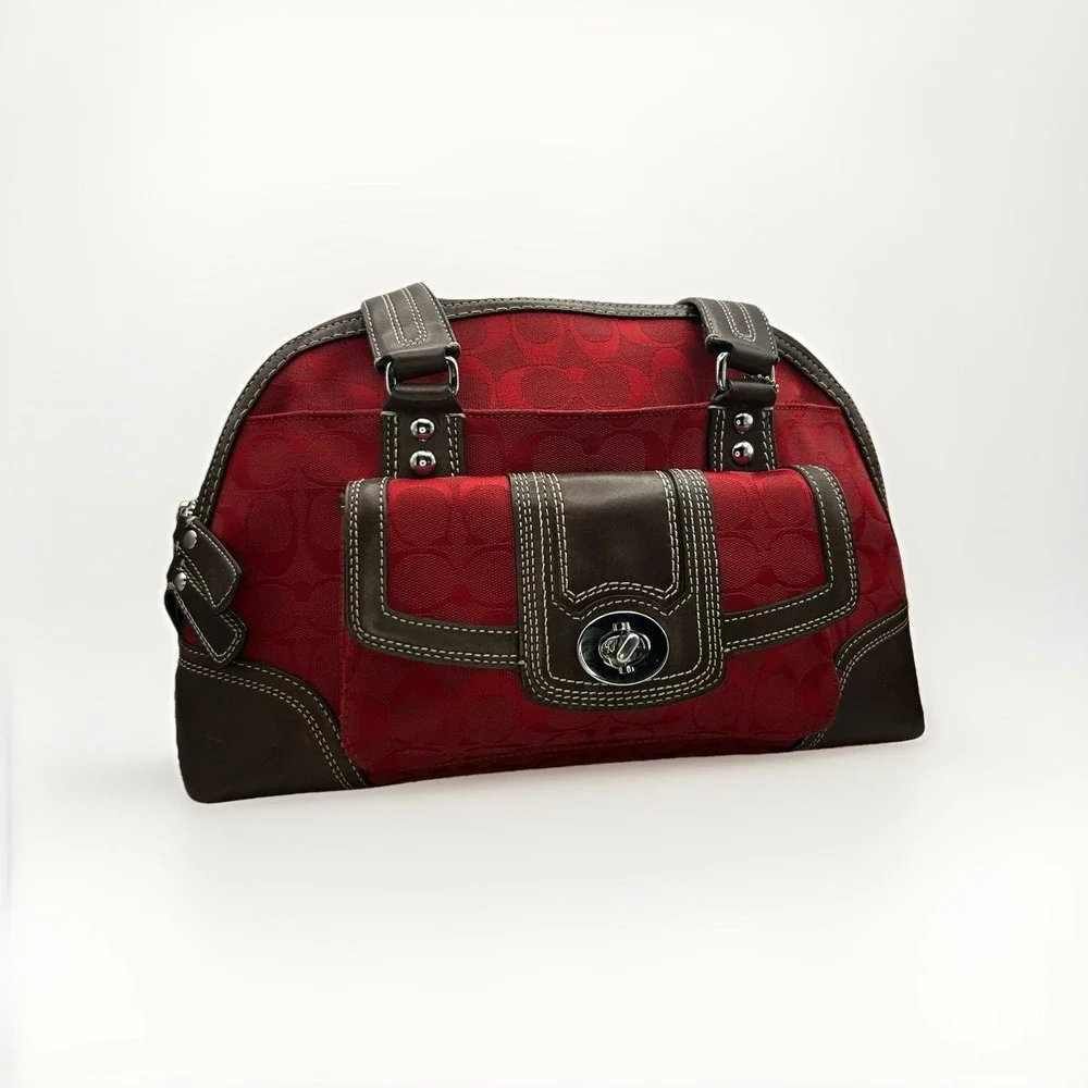 Coach Miranda Signature Red Canvas Brown Leather Satchel Bag Y2K